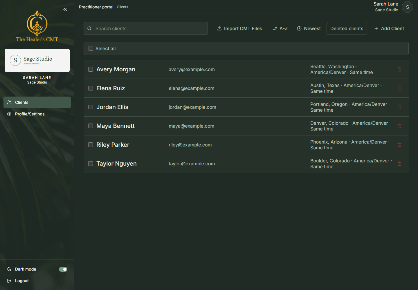 Direct screenshot of the CMT client list, populated with fictional demo clients