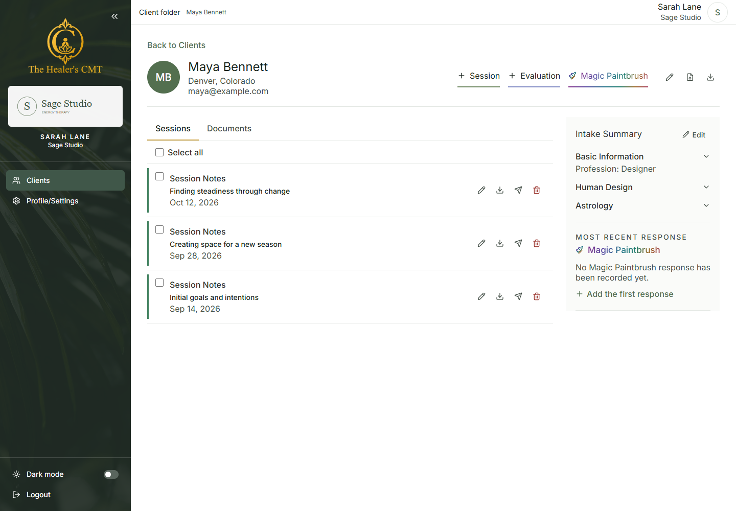 The client folder in light mode, with Sage Studio branding, session history, and PDF and email actions