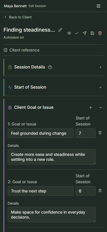 Actual CMT session details on a phone, showing client goals and start-of-session scores
